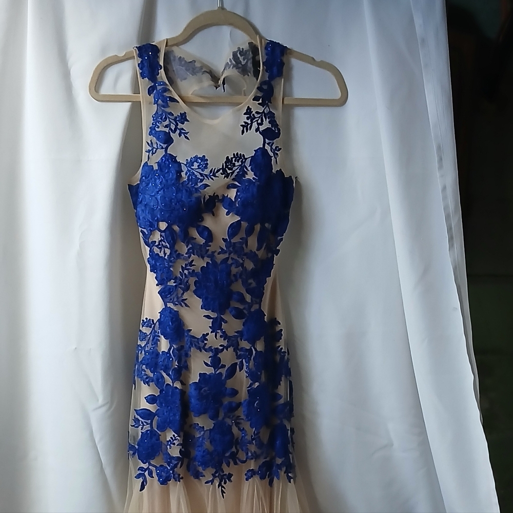 Blue Floral Lace Prom Dress